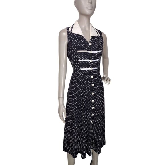 Vintage 80s 90s Black White Swiss Dot Button-Down Tie-Back Midi Dress S/M - Picture 2 of 11